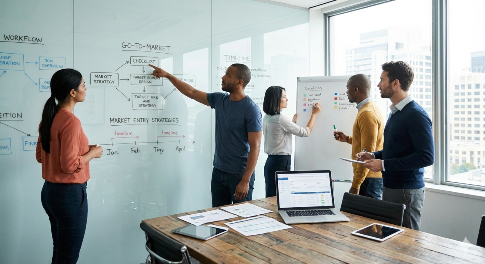 Equipe em reunião de planejamento e go-to-market